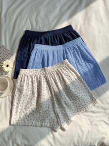 Comfortcana 2026春夏新款女式100%純棉海軍藍天空藍白色花卉短褲多件套，適合女性度假穿著 - 彩色 - 查看 2