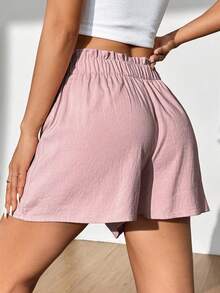 Flirla Celana Pendek Wanita Kasual Sederhana Warna Polos dengan Hiasan Ruffle di Pinggang, Cocok untuk Liburan Musim Panas Warna Merah Muda Pucat - Baby Pink - View 2