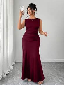 Elenzga Women's Elegant Dress, Sleeveless Round Neck A-Line Silhouette, Ruched Waist Design, Solid Color Knit Fabric - Red - View 1