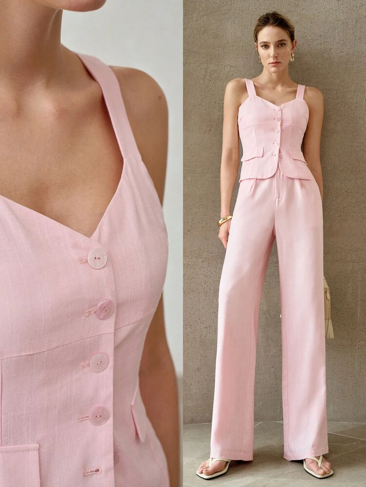 SPLIT DESIGN PINK SHELL BUTTON DECOR SLEEVELESS SLIM FIT WAISTCOAT
