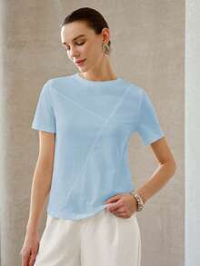 MOTF PREMIUM CAMISETA DE MANGA CORTA CON CUELLO REDONDO DE COLOR UNIDO VERSÁTIL PARA MUJER EN VERANO - Azul - Ver 3