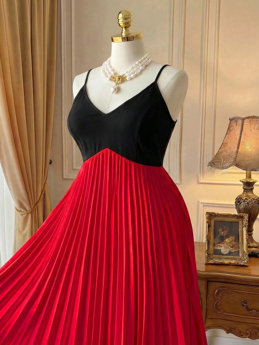 Rometta Plus Size Exquisite Pleated Cami Dress – Elegant Red Party Dress For Women, Birthday & Christmas - Multicolor - View 1