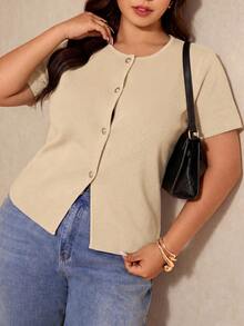 Elaquor Plus Size Summer Casual Solid Color Short Sleeve Cardigan Fall - Apricot - View 2
