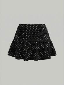 Girlism 青少年女孩春/夏新款白色針織休閒極簡波點印花貼身抓皺A字低腰迷你裙，波點，波點裙，波點短裙，休閒，個性化穿搭，日常百搭 - 黑色 - 查看 2