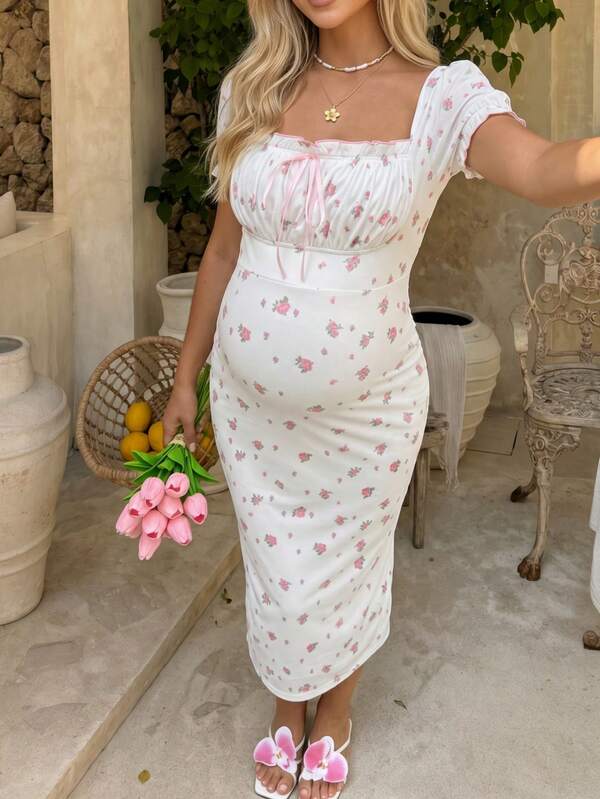 SHEIN Đầm bầu mùa hè đi du lịch phong cách thường ngày họa tiết nhún cổ vuông
