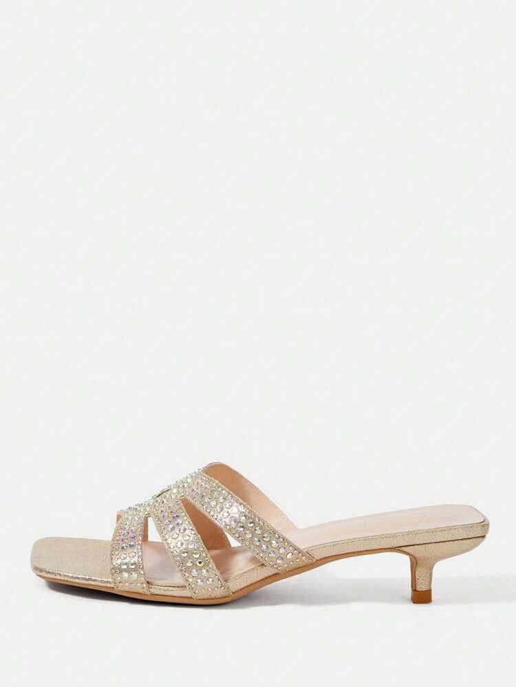 CUCCOO HITCHD Beige Rhinestone Cross Head Kitten Heel Women's High Heel Sandals