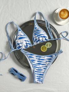 Swim Mod 2026 Spring/Summer 2-Piece Women's New Double Strap Adjustable Blue Ditsy Floral Random Print Gold Round Charm Decor High Cut Sexy Vacation Bikini Set Set - Multicolor - View 2