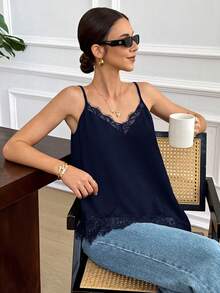 Elegant Women's Summer Camisole In Solid Color With Lace Patchwork And Side Slit - Beige - View 6
