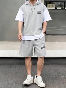 2件/組 青少年男款休閒極簡灰色&白色拼接二合一連帽衫，配3D貼布設計，同材質寬鬆休閒寬腿短褲&T恤套裝，適合日常通勤與運動穿著 - 灰色 - 查看 3