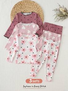 Cozy Pixies Baby Girl 6pcs Set: Plant & Floral Pattern Knit Soft Round Neck Long Sleeve Ruffle Pullover Top & Elastic Waist Long Pants - Pink - View 9