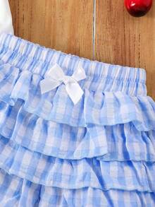 Emery Rose Kids Emery Rose Kids 少女圓領字母檸檬印花短袖T恤與格紋分層短褲休閒日常套裝 - 藍色 - 查看 5