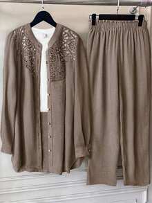 EMERY ROSE Plus Size Women's Solid Color Linen Blend Round Neck Lace Patchwork Full Button Front Mid Sleeve Casual Comfortable Regular Fit Shirt + Elastic Waist Loose Long Pants 2pcs Set - Brown - View 1