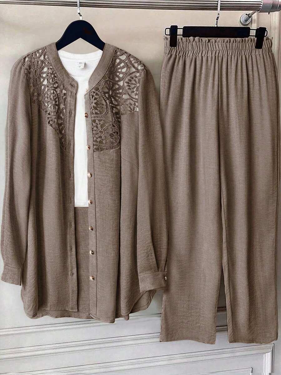 EMERY ROSE Plus Size Women's Solid Color Linen Blend Round Neck Lace Patchwork Full Button Front Mid Sleeve Casual Comfortable Regular Fit Shirt + Elastic Waist Loose Long Pants 2pcs Set - Brown - View 1
