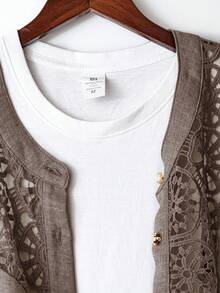 EMERY ROSE Plus Size Women's Solid Color Linen Blend Round Neck Lace Patchwork Full Button Front Mid Sleeve Casual Comfortable Regular Fit Shirt + Elastic Waist Loose Long Pants 2pcs Set - Brown - View 3