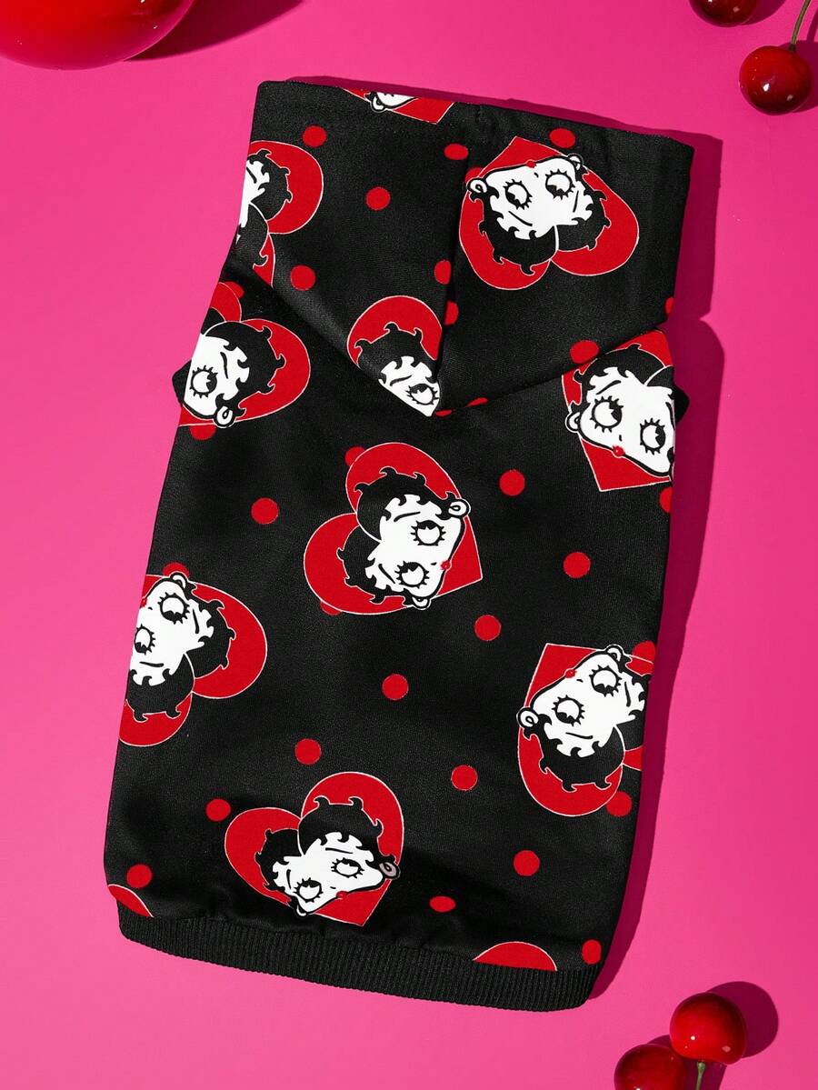 Betty Boop x SHEIN 1件卡通圖案印花寵物連帽衫,貓咪衣服,狗狗衣服,尺寸XXS-XXXXL,特小號,特大號,愛心,波點,性感,俏皮 - 黑色 - 查看 1