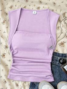 SHEIN Teen Girls T-Shirts Summer Solid Ruched Side Tank Top - Purple - View 3