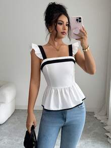 Elenzga Top Feminina Primavera/Verão Nova Casual Elegante com Manga Borboleta e Laço de Amarrar para Férias - Branco - Visão 4