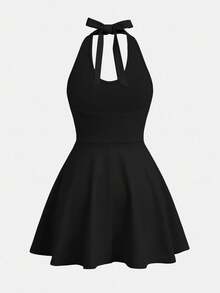 SHEIN Girlism 青少年女孩青少年女孩針織黑色修身蝴蝶結休閒優雅洋裝 - 黑色 - 查看 6
