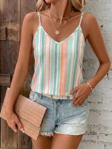 SHEIN Clasi Casual Boho Minimalist Orange And White All-Over Stripe Print Pattern V-Neck Loose Camisole Suitable For Summer Vacation Versatile Style Vacation - Multicolor - View 5