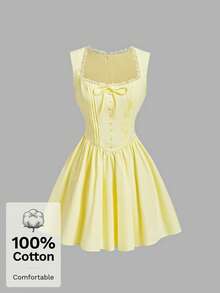 SHEIN MOD Gaun Mini Kuning Nyaman untuk Wanita, Bagian Dada Berlipit, Kancing Depan, Gaya Cottagecore, Liburan, Gaya Pedesaan, Pantai, Pesta Teh, Pesta Kebun, Retro, Prom, Musim Panas - Kuning - View 4