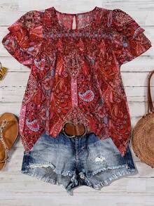 Linhara Plus Size Women's Solid Color Round Neck Double Layer Sleeve Short Sleeve Casual Boho Shirt, Pleated Summer Holiday Top Vacation Club Tops Pink - Multicolor - View 4