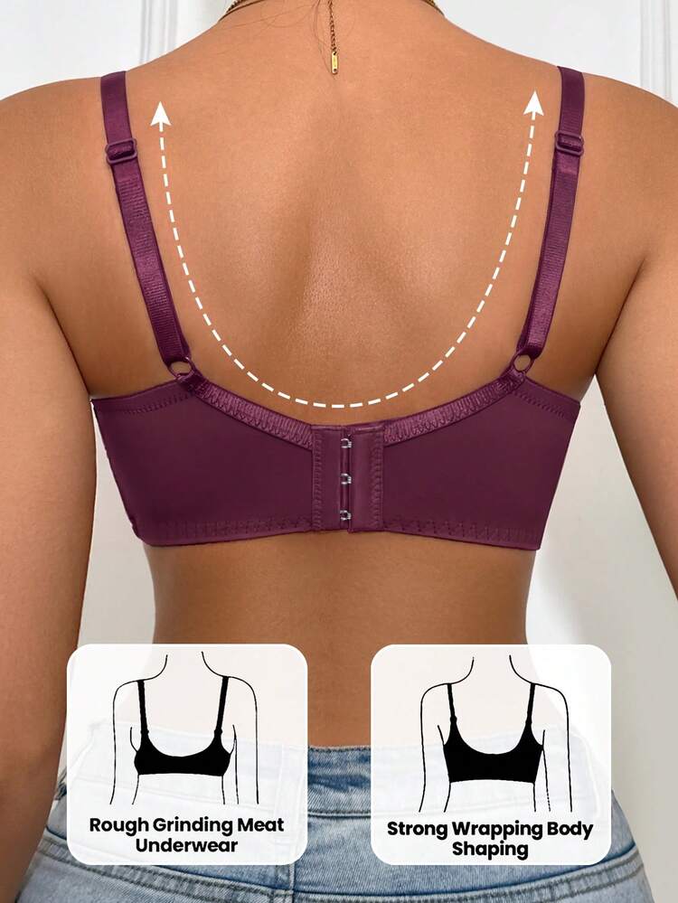DesireSculpt Women's Comfortable Solid Flower Lace Scallop Trim Border Bow Tie Ornament Sexy Basic Spaghetti Strap Wire-Supported Lift & Instantlift Bra - Purple - View 2