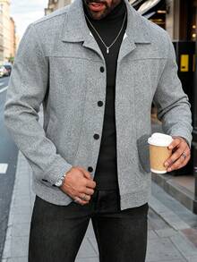 Manfinity CasualCool Plus Size Men's Grey Long Sleeve Fashionable Short Pea Jacket,Autumn Smart Casual Work Woolen Jacket For Winter,Suitable For Party And Travel Gift - Grey - View 1