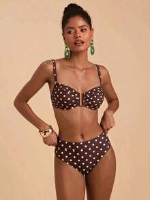 Travachic Conjunto de Maiô com Estampa de Poá para Mulheres, Adequado para Férias na Praia - Castanho - Visão 4