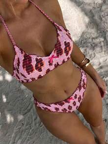 Swim Mod Plaid Fabric Spaghetti Strap Floral Bow Decor Tankini Swimwear Set Pool Party Beach Pink Summer Cute - Multicolor - View 3