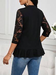SHEIN Lady 女士蕾丝袖拼接荷叶边无领黑色外套，商务休闲办公款 - 黑色 - 查看 2