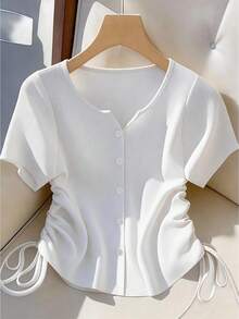 GlowEve CURVE Plus Size Best-Selling Elegant V-Neck Solid Color Ribbed Knit T-Shirt, Slimming Waist Drawstring Single-Breasted Button Design, Versatile Top For Daily Commute, Gatherings, And Outings - White - View 1