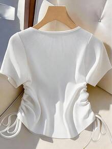 GlowEve CURVE Plus Size Best-Selling Elegant V-Neck Solid Color Ribbed Knit T-Shirt, Slimming Waist Drawstring Single-Breasted Button Design, Versatile Top For Daily Commute, Gatherings, And Outings - White - View 2