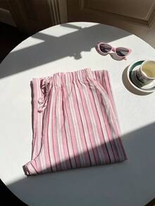 Comfortcana Plus Size Women's Spring/Summer New Casual Vacation Colorful Summer Striped Woven Pants, Drawstring Waist Adjustable Trousers, Suitable For Vacation, Outing, And Home Wear - Multicolor - View 3