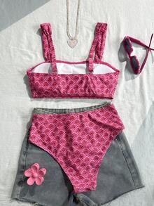 Swim Vcay Pink Shell Side High Waist Bikini Swimsuit Set With Shoulder Straps, 2 Pieces Women's Beach Party Holiday Swimwear Summer Sexy Tropical - Multicolor - View 2