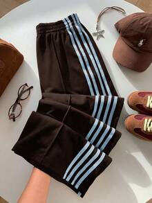 Comfortcana Comfortable Plus Size Green Striped Knit Sweatpants With Drawstring, Suitable For Casual Wear. - Multicolor - View 8
