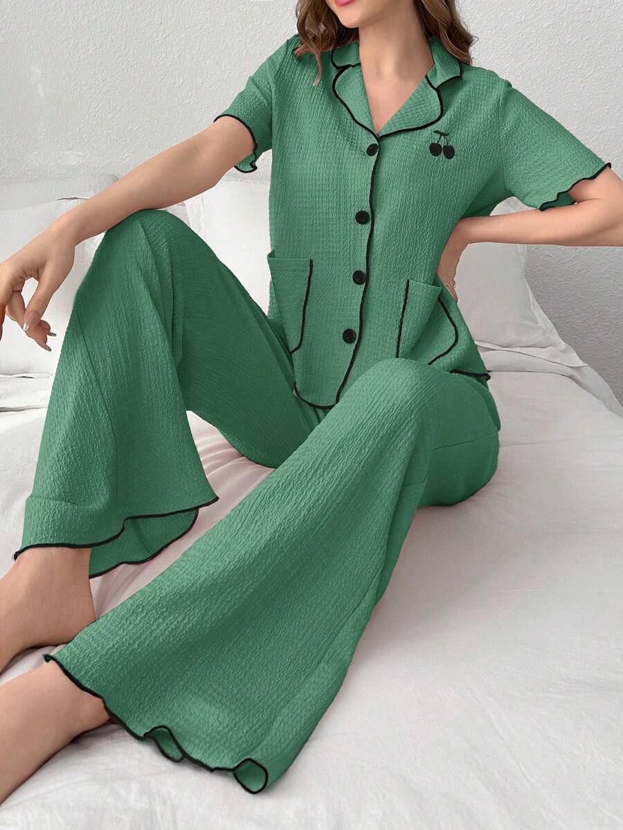 Côtesoire Cherry Embroidery Contrast Trim Short Sleeve Long Pants Women's Pajama Set - Green - View 1