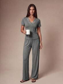 Lazeform Women's Solid Color Lace Patchwork V-Neck Short Sleeve Long Pants Pajama Set - Grey - View 5