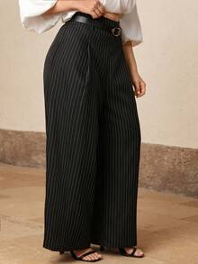 Juhart Plus Size Striped High Waist Belt Elegant Pants Fall - Black - View 5