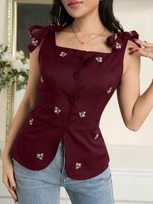 Modelyn 女款花卉刺繡單排扣肩結無袖襯衫 - 酒紅色 - 查看 6