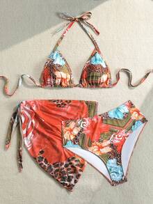 SHEIN CURVE+ 大码女式夏季休闲装，大码女式夏季套装，大码女式沐浴装，大码女式嘉年华装，度假沙滩装，大码女式泳池派对装，Island Degree 三件套女式度假印花吊带连衣裙，沙滩装 - 彩色 - 查看 3