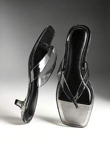 Denimoi Women's Square Toe Casual Clear Kitten Heel Thong Sandals Summer Shoes - Black - View 1
