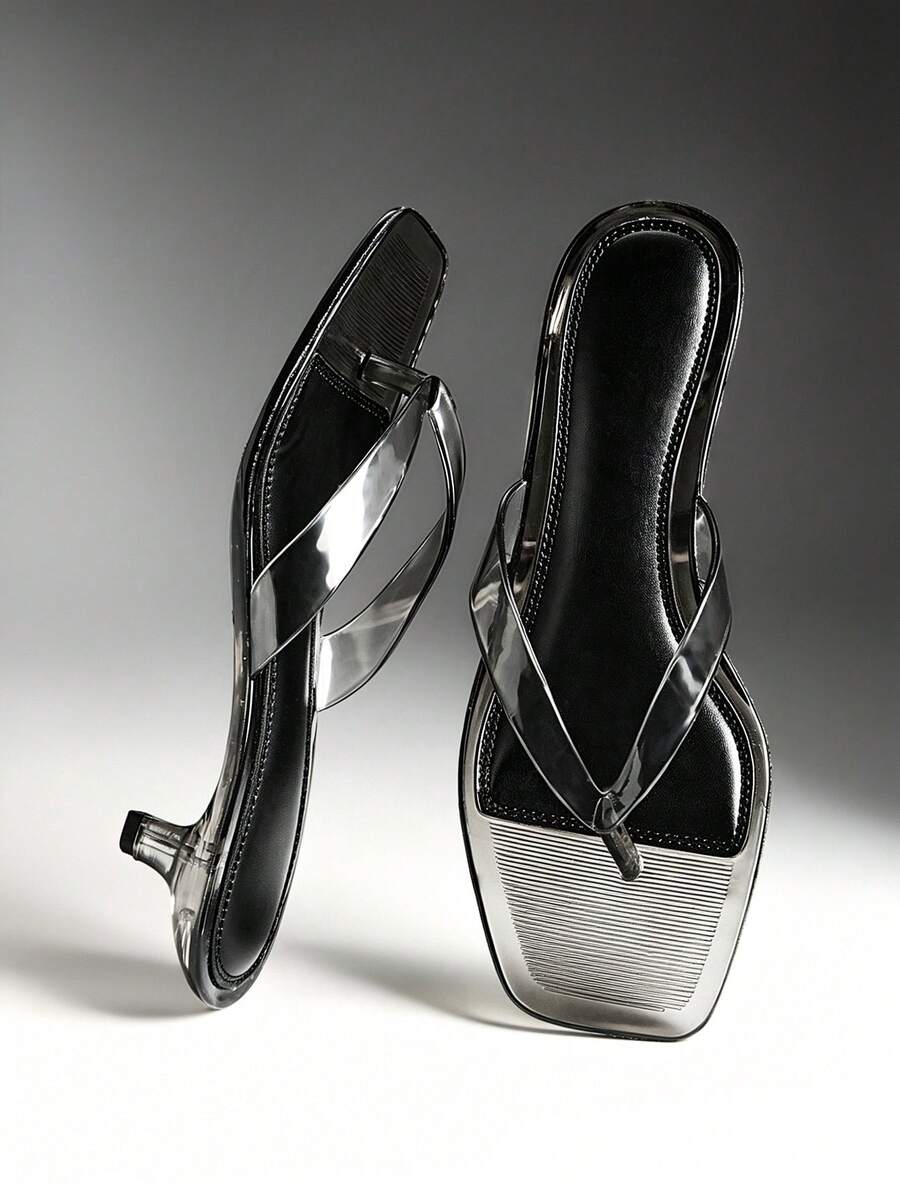 Denimoi Women's Square Toe Casual Clear Kitten Heel Thong Sandals Summer Shoes - Black - View 1