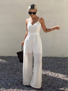 Livesso Combinaison blanche pour femmes, débardeur, style décontracté d'été, rayures, mariage, vacances, tropical, business décontracté - Beige - Voir 6