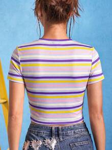 Nick 90s | SHEIN Summer Women's Striped T-Shirt, Tight-Fitting, Cropped, Colorful Stripes, Rugrats, Cartoon Pattern, Daily, Casual, Going Out Wear, Unisex, Gyaru, Spring And Summer - Purple - View 2