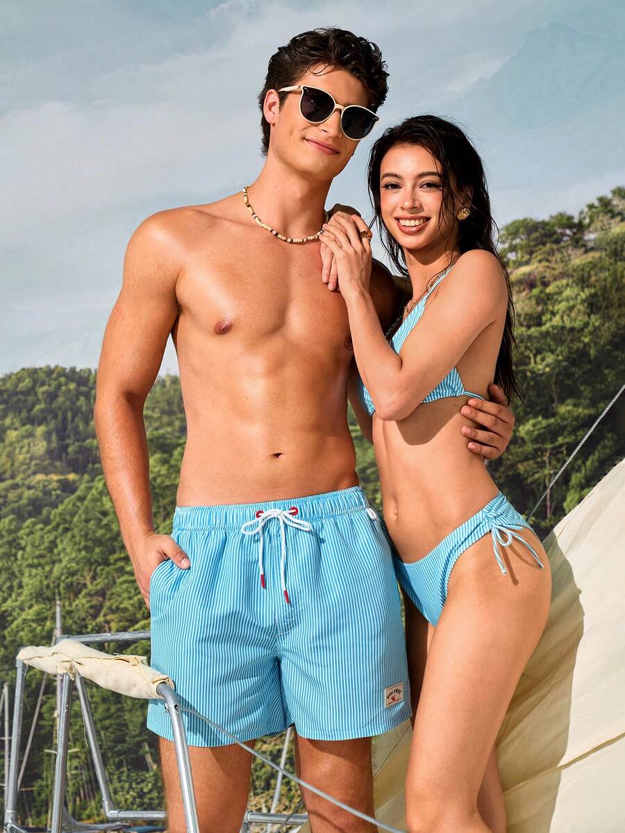 Manfinity VDAYZ 男士抽繩腰條紋牛仔休閒度假沙灘短褲 - 淺藍色 - 查看 1