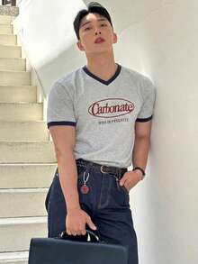 DAZY Summer Letter Print Color Block Short Sleeve Men's T-Shirt - Multicolor - View 3