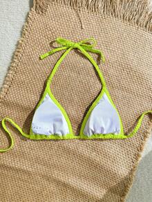 SHEIN Swim Vcay 女款紋理面料亮片貝殼飾邊可愛性感度假海灘泳裝上衣 - 橄欖綠 - 查看 5