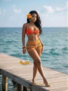 Slaydiva Bikini Top Cup-Shaped Burnt Orange Brown Striped Twisted Shoulder Straps Shell Woven Belts Beach Vacation Holiday Wear Two Pieces Set Summer Sexy - Orange - View 9