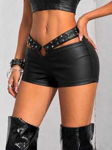Jeanoix Women's Stud Decor Casual Versatile Daily Outing Shorts Halloween - Black - View 4