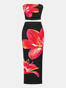 SHEIN Tween Girl's Casual Floral Print Cropped Cami Top And Mini Skirt Set, Suitable For Beach Vacation, Party, Country, Music Festival, Spring/Summer - Black - View 4